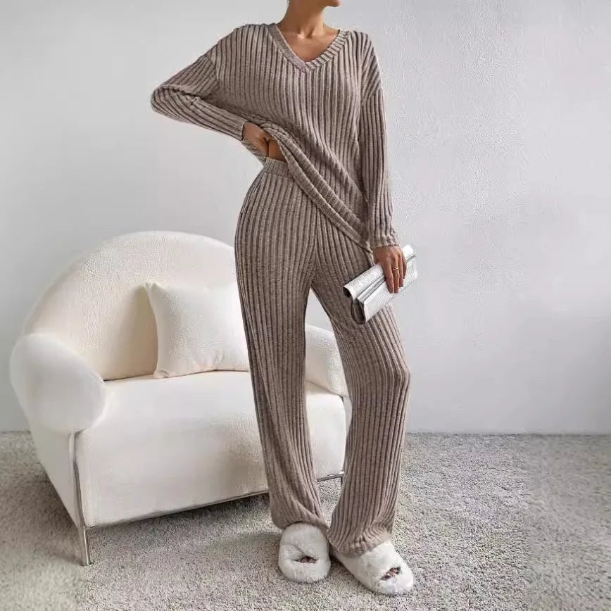Stylish womens matching knit set posed in soft natural lighting