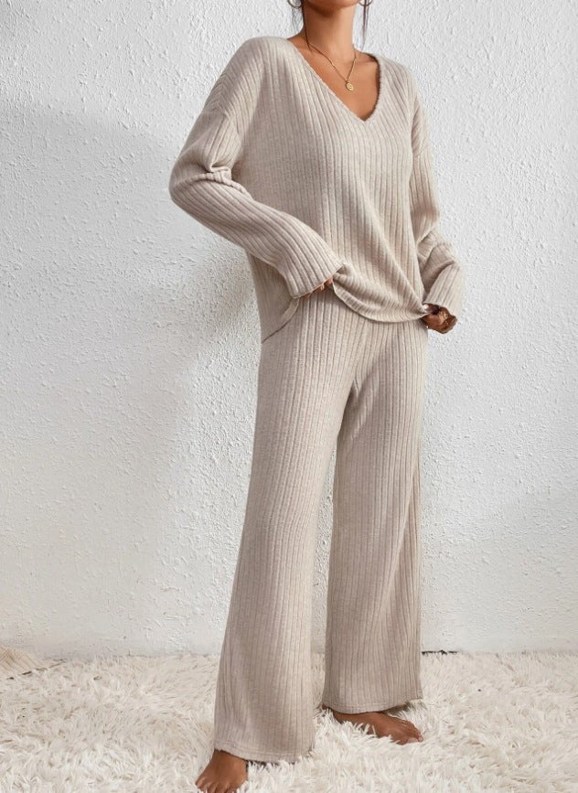 Womens cozy knit loungewear set back view showing drape and length