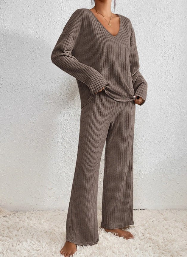 Relaxed fit womens loungewear set worn in a natural home setting