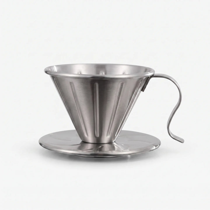 Stainless steel ribbed pour-over coffee dripper angled view