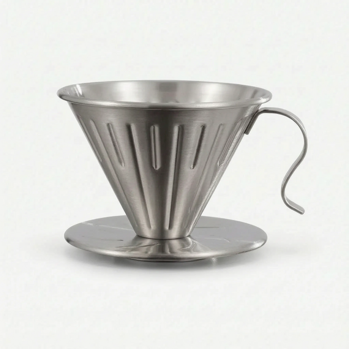 Silver pour-over coffee maker showing vertical channels