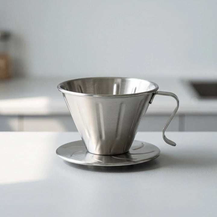 Pour-over coffee dripper set on a clean kitchen counter