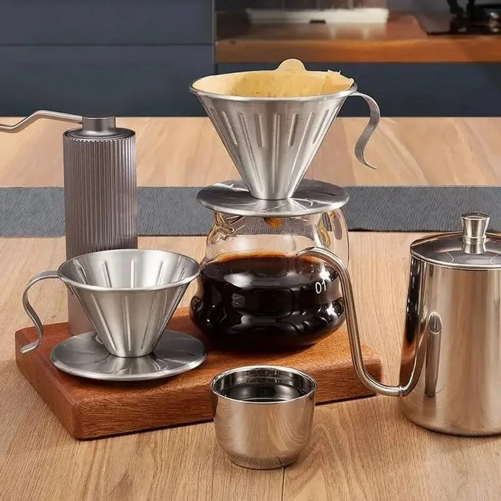 Top-down view of stainless steel brewing tool funnel for pour-over coffee lovers