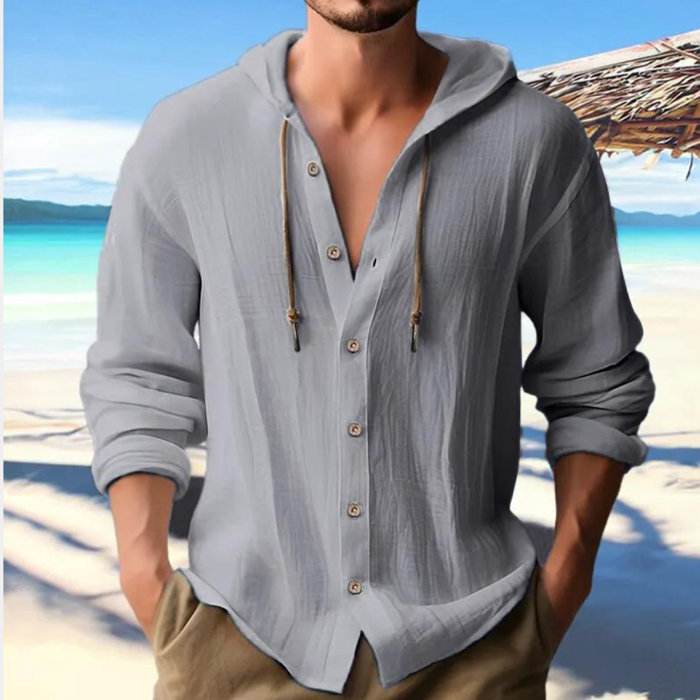 Men's gray button-down hooded shirt showcasing comfortable long sleeves and casual style.