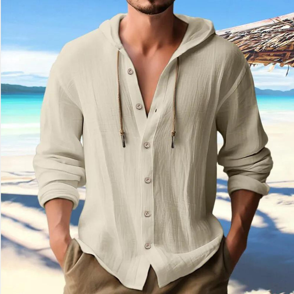 Men's beige button-down hooded shirt featuring a relaxed fit and adjustable drawstrings.