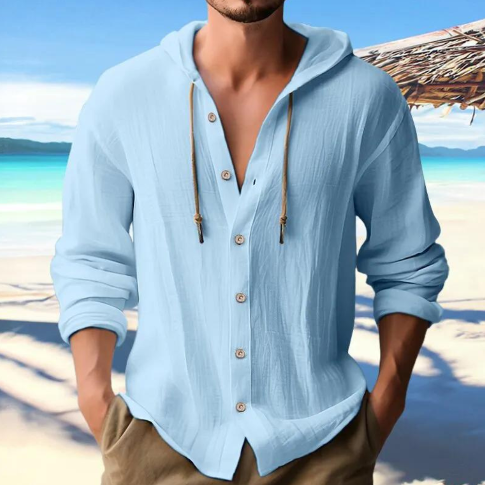 Close-up of men's casual hooded shirt featuring button-down design
