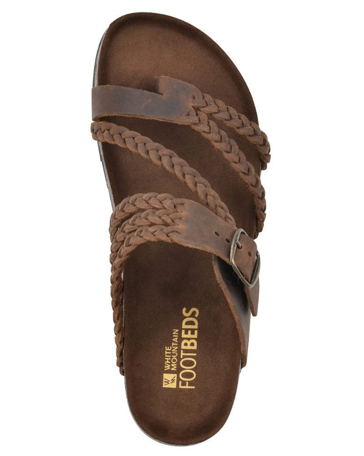 Brown women's braided strap toe-loop sandal showing textured straps and footbed branding