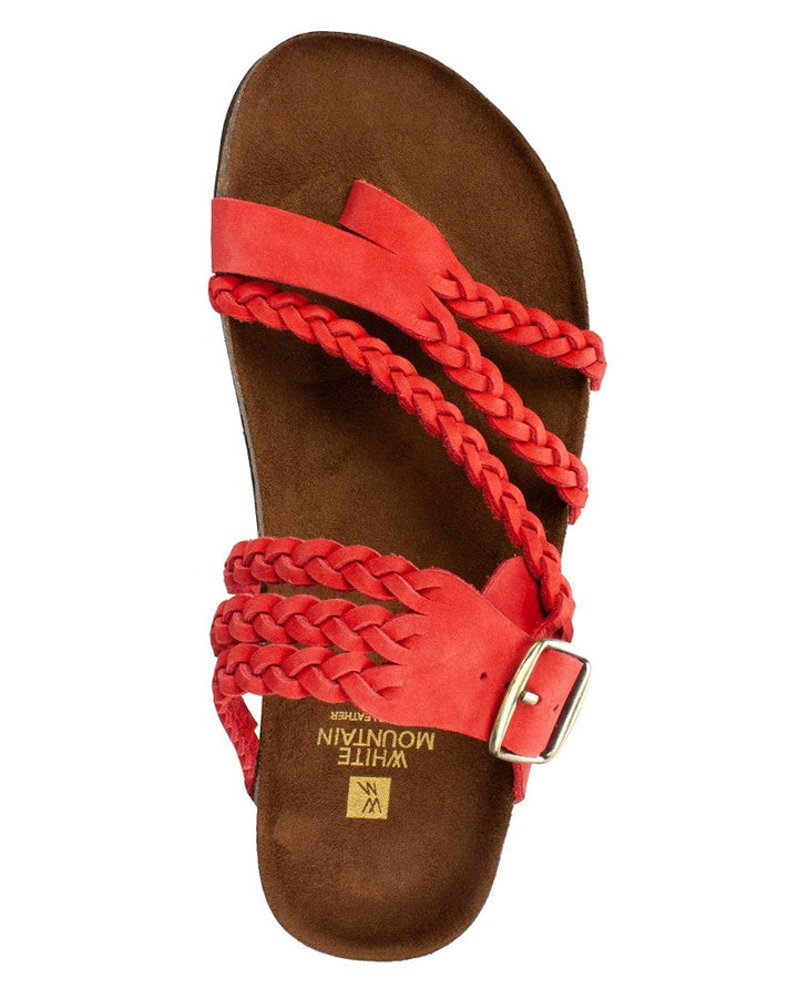 Red women's braided strap toe-loop sandal with adjustable buckle closure