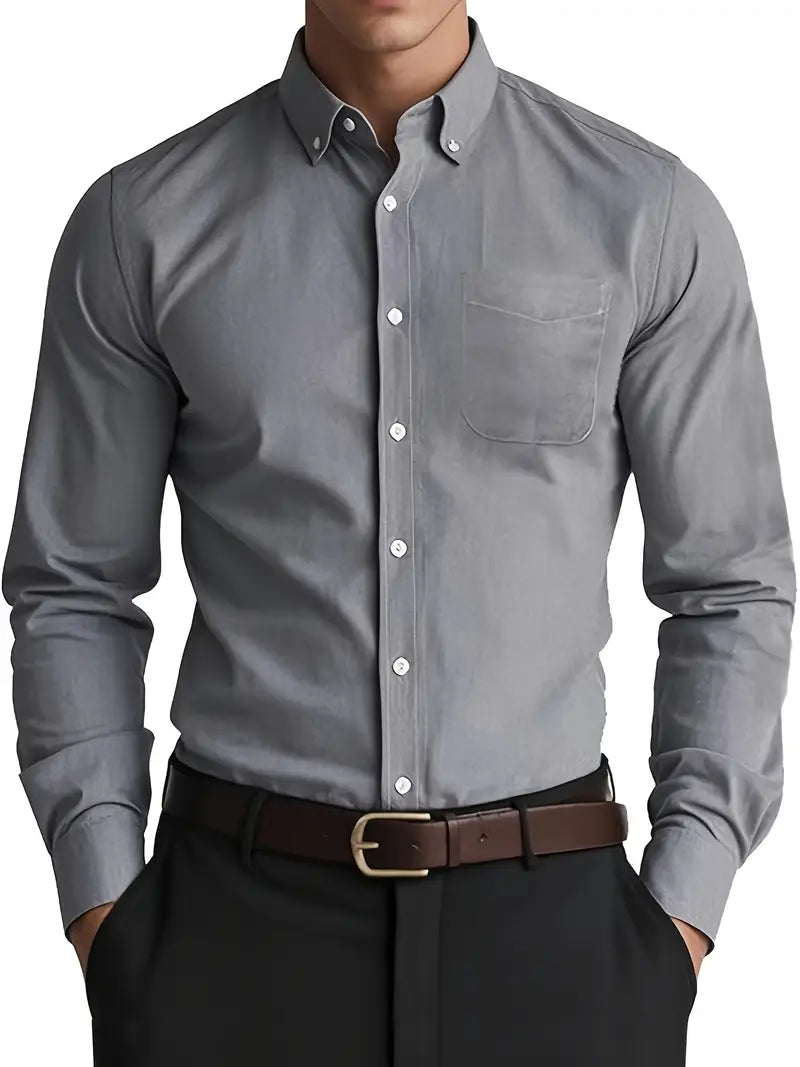 Man wearing a grey long sleeve button-down shirt