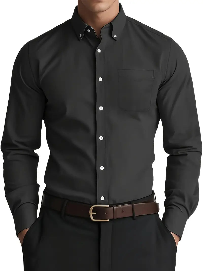 Close-up of fabric and collar on Robbie classic men's button-down long sleeve shirt