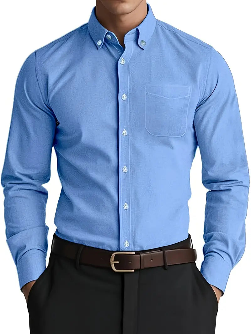 Man wearing a blue long sleeve button-down shirt