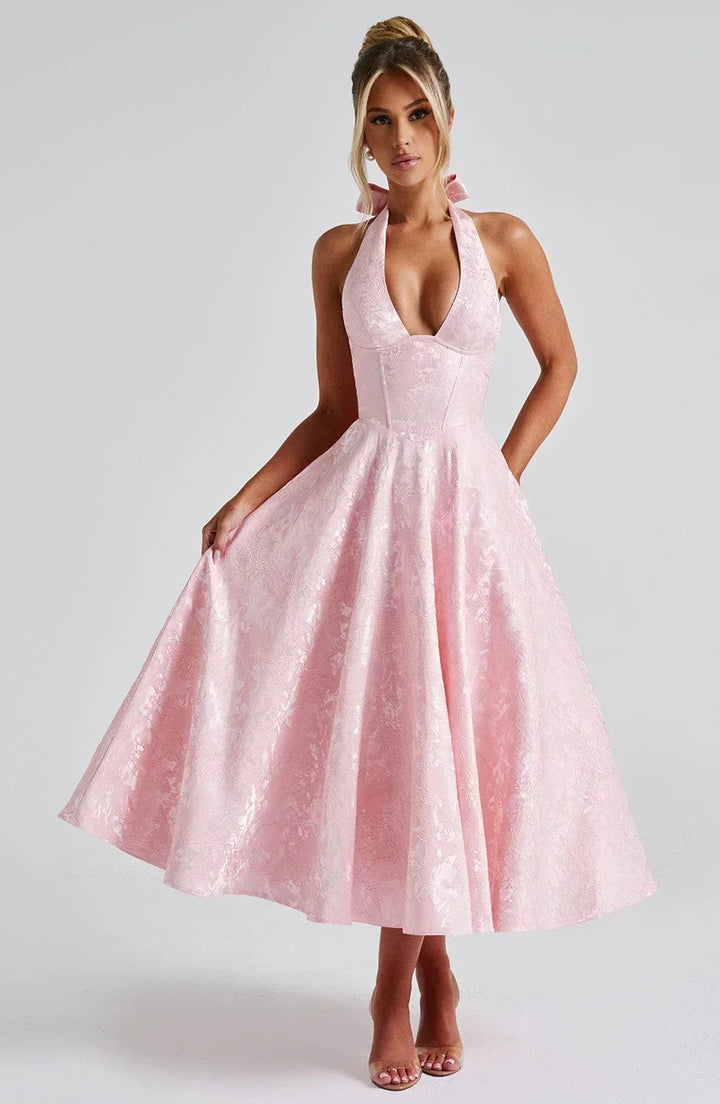 Elegant party dress with halter neckline and midi length