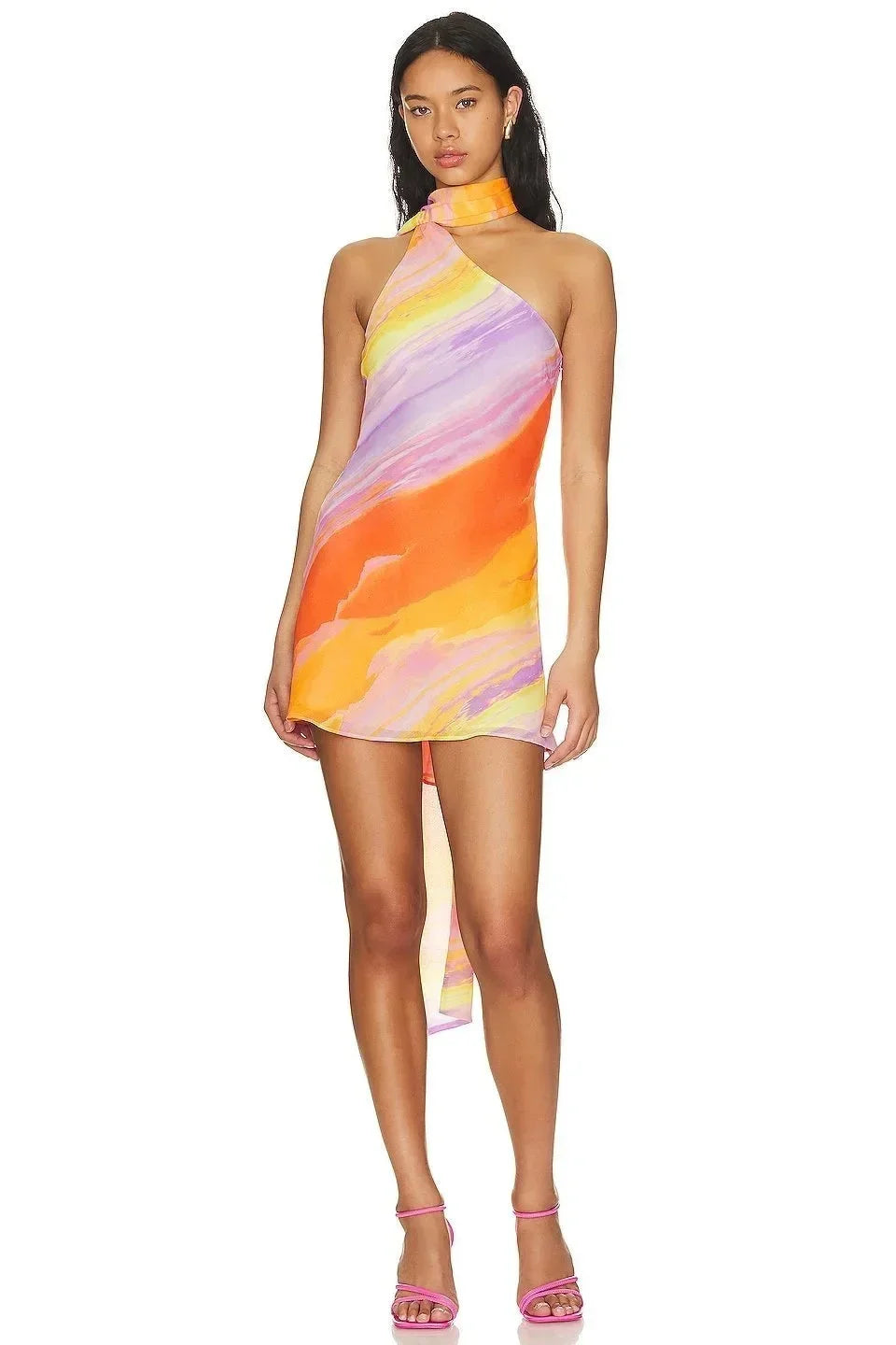 Women's abstract print halter mini dress showing front view, resort fashion
