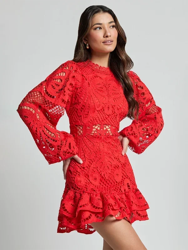 Back view of stylish long sleeve lace mini dress with ruffles