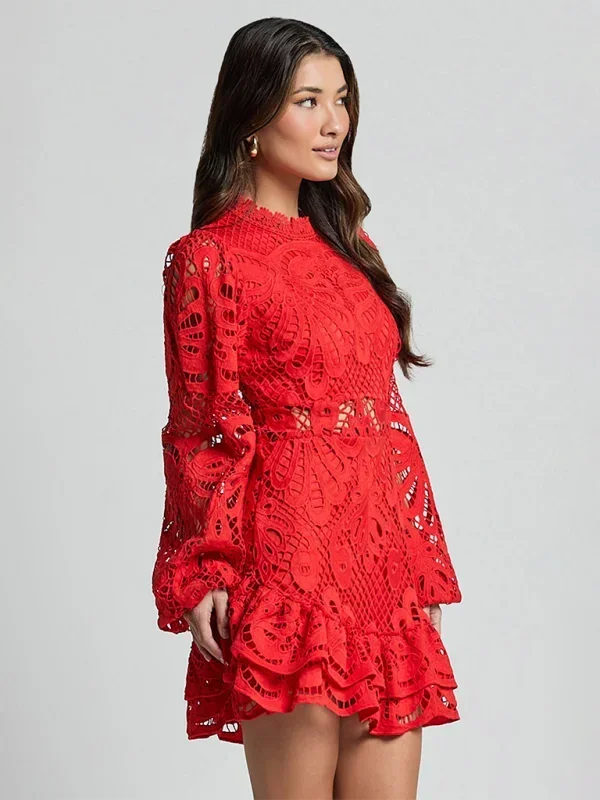 Women's long sleeve lace ruffle mini dress front view