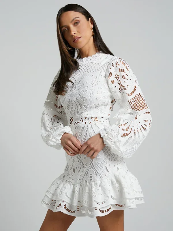 Side profile of elegant ruffle mini dress for women