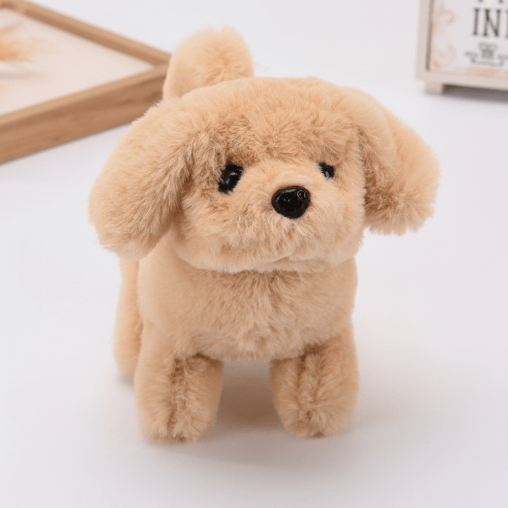Beige robotic puppy toy with soft plush exterior