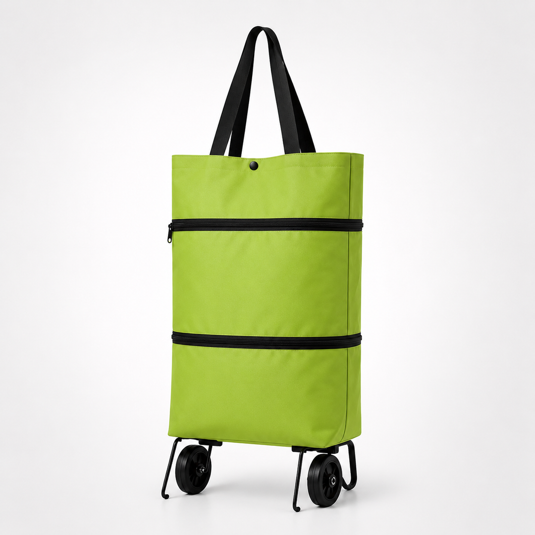 Green foldable wheeled shopping hand cart with dual wheels and extended handles