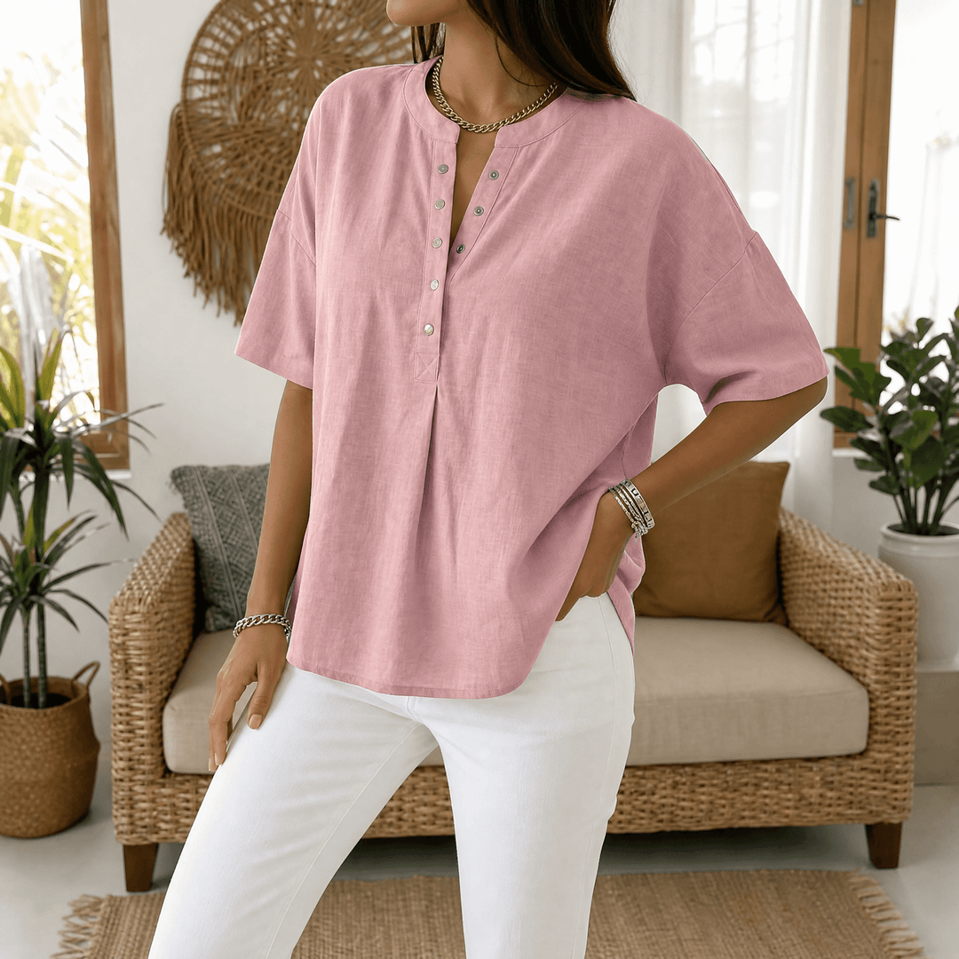 Full outfit inspiration featuring the relaxed fit henley blouse