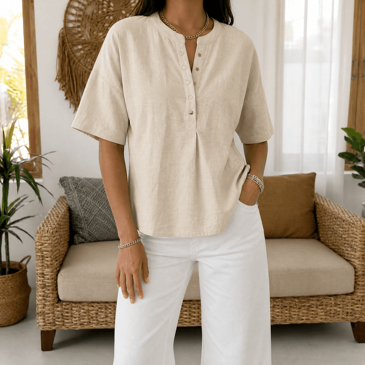 Final lifestyle view of the versatile casual henley top