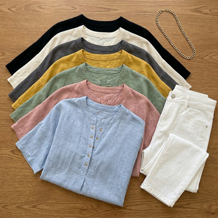 Short sleeve casual summer top showing button placket detail