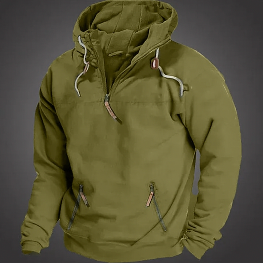 Green men's half-zip pullover hoodie with kangaroo pocket