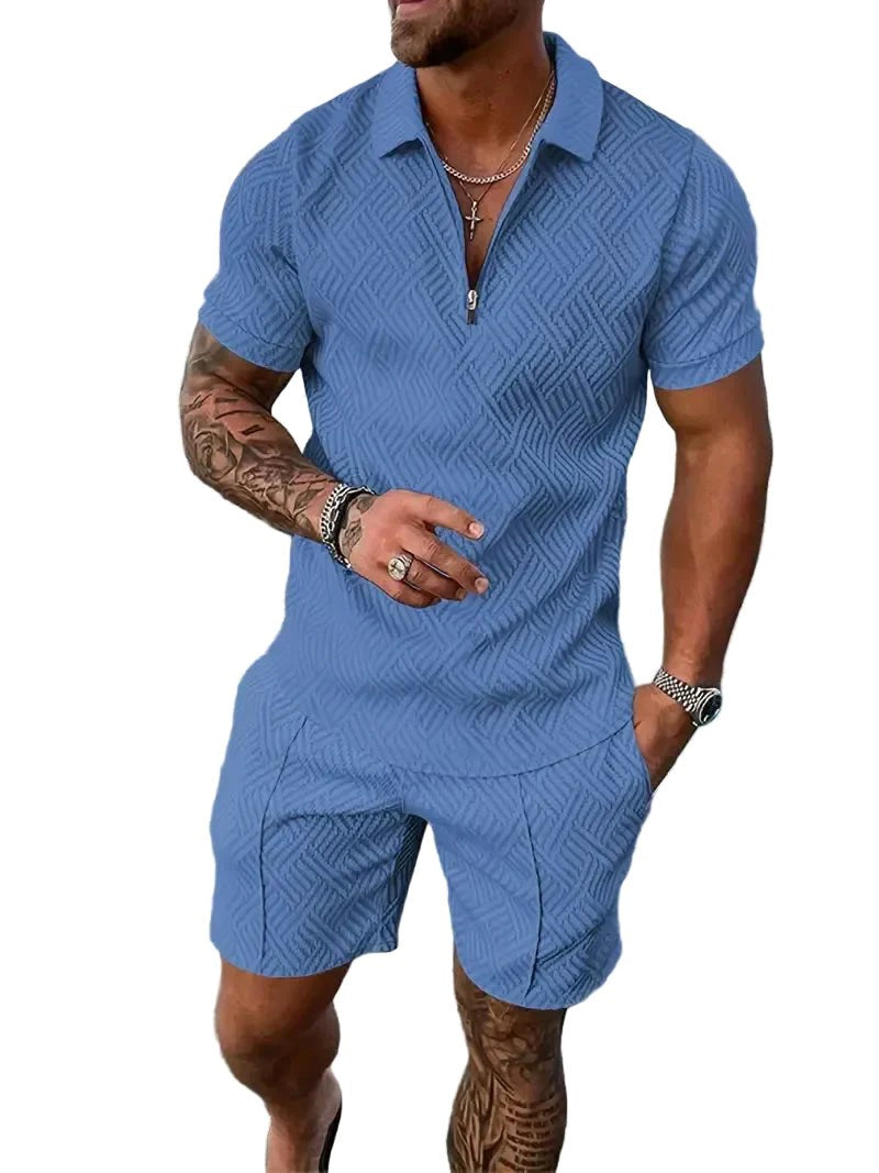 Mens polo shirt and shorts casual set showing full outfit details