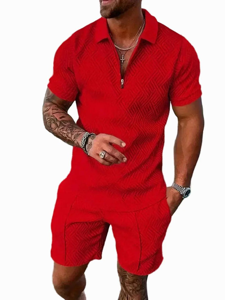 Summer outfit two piece set featuring breathable fabric and button polo