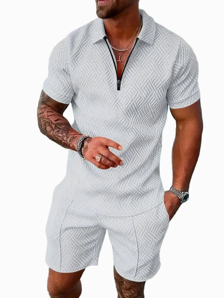 Two piece summer outfit showing close up of polo shirt texture