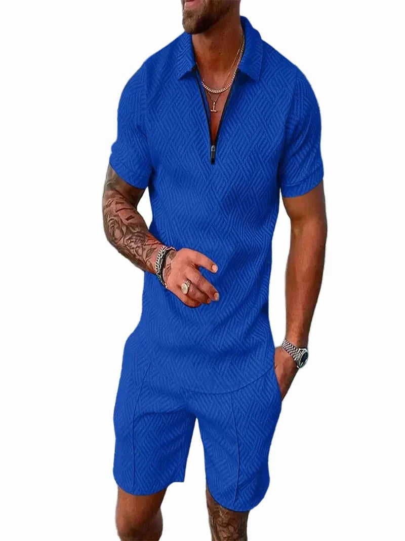 Mens casual polo set displaying waistband and pocket details of shorts