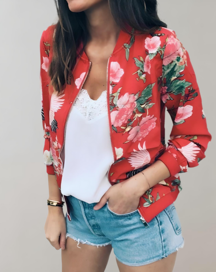 Womens floral print zip-up bomber jacket showcasing front zipper detail and casual outerwear style