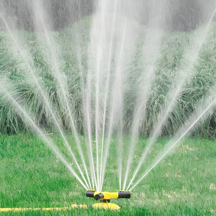 Rotating lawn sprinkler spraying water across green grass