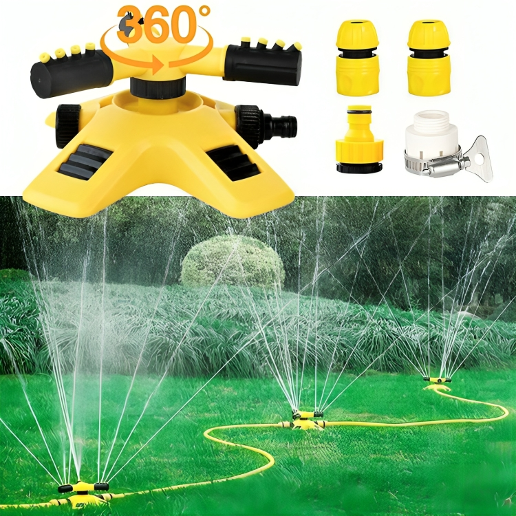Yellow 360 degree rotating sprinkler with hose connectors