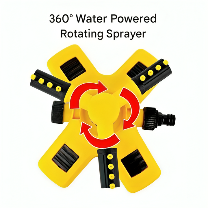 Rotating lawn sprinkler spraying water in a lush green garden for efficient yard watering and irrigation.
