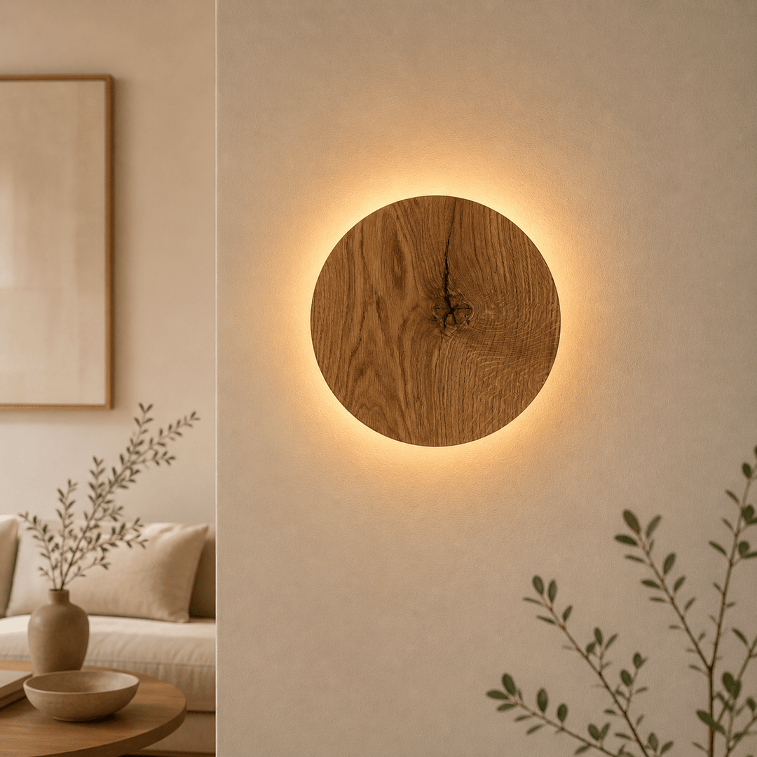 Wild style oak wood wall light featuring natural wood grain and knots glowing on a neutral wall.