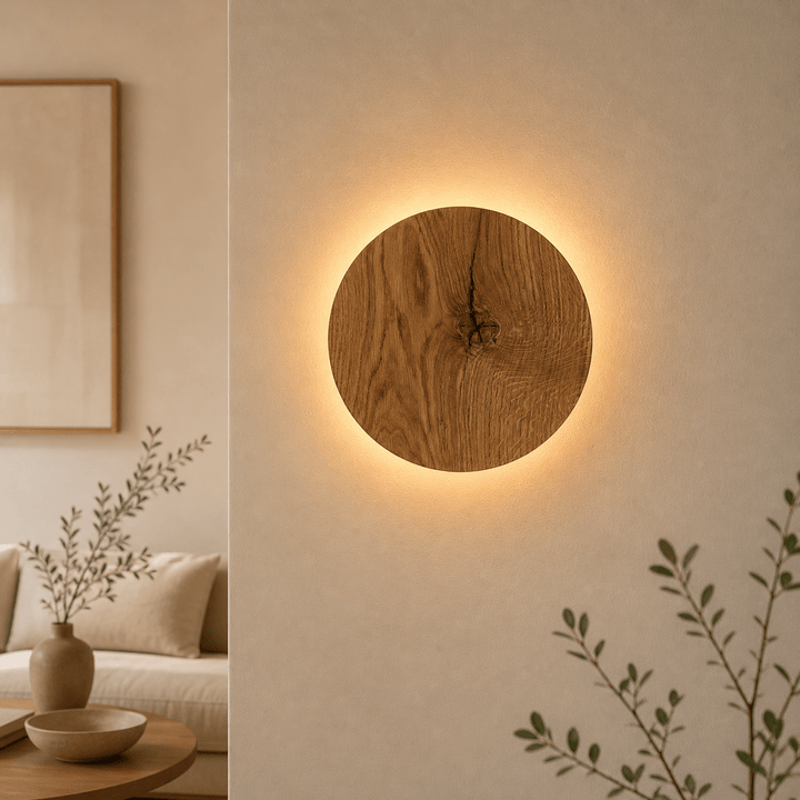 Wild style oak wood wall light featuring natural wood grain and knots glowing on a neutral wall.