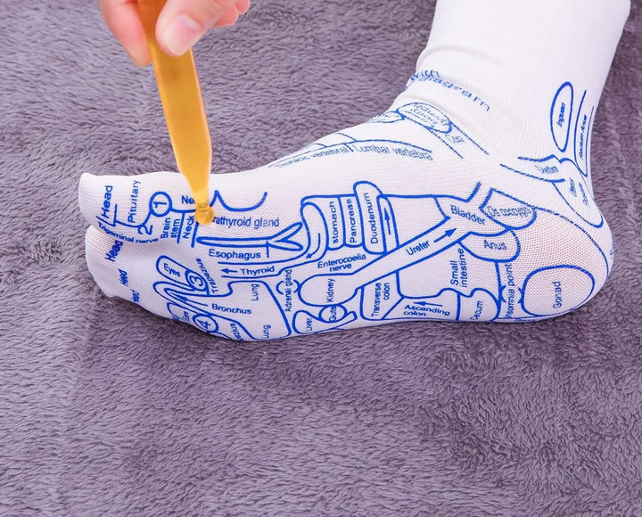 Unisex reflexology massage socks displayed with foot care tool for relaxation