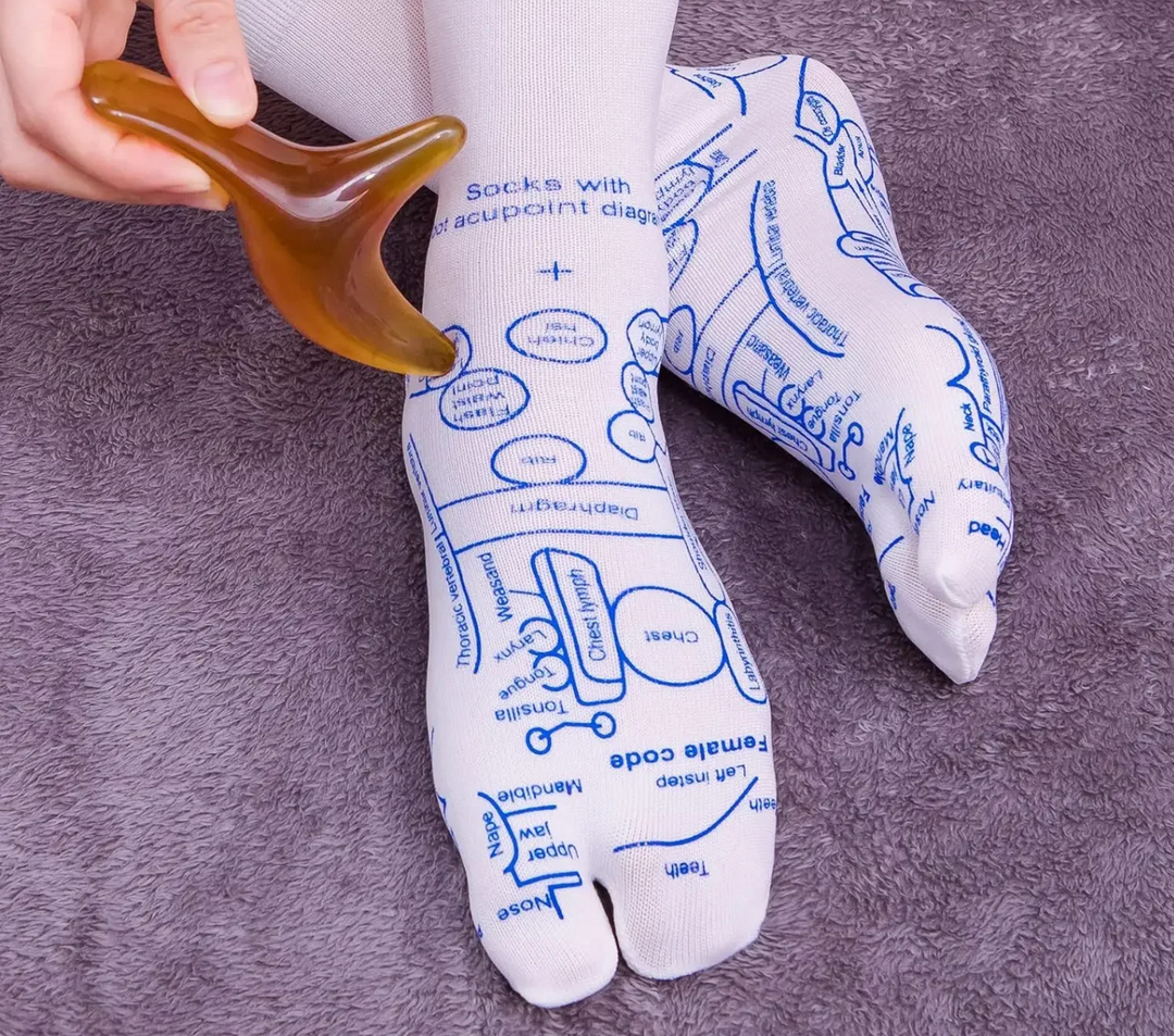Pair of reflexology socks with an amber massage tool showing acupoint diagrams