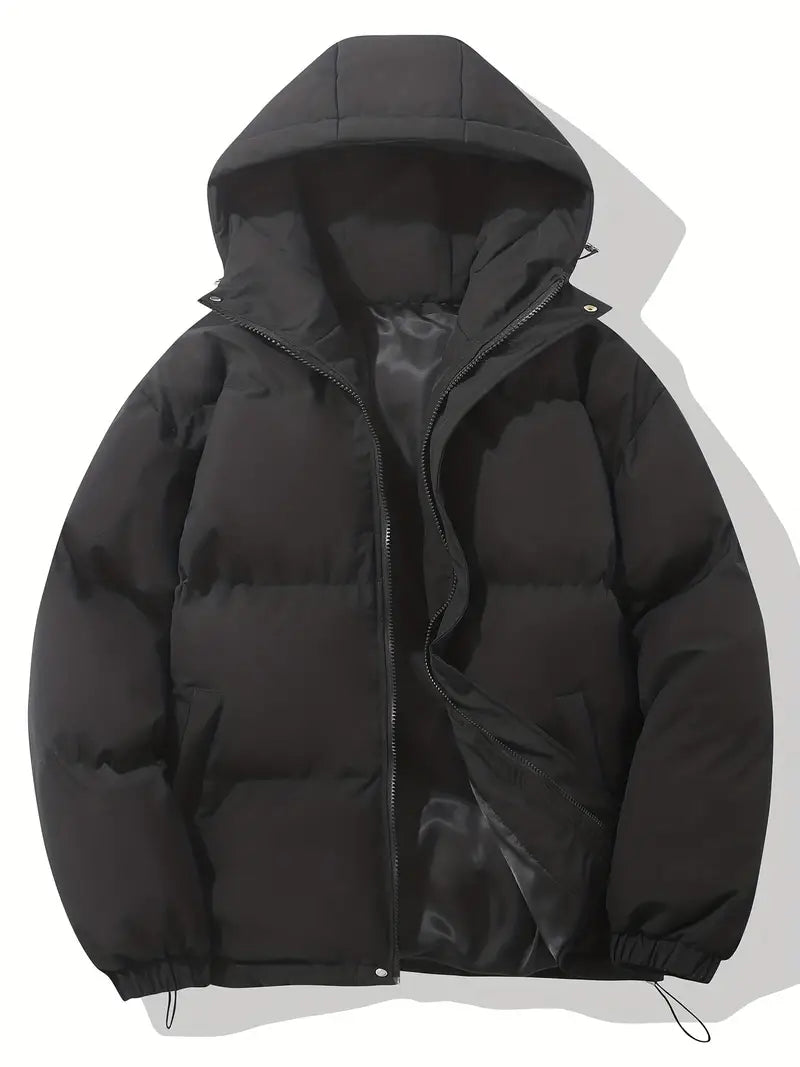 Men's black winter padded hooded jacket front view