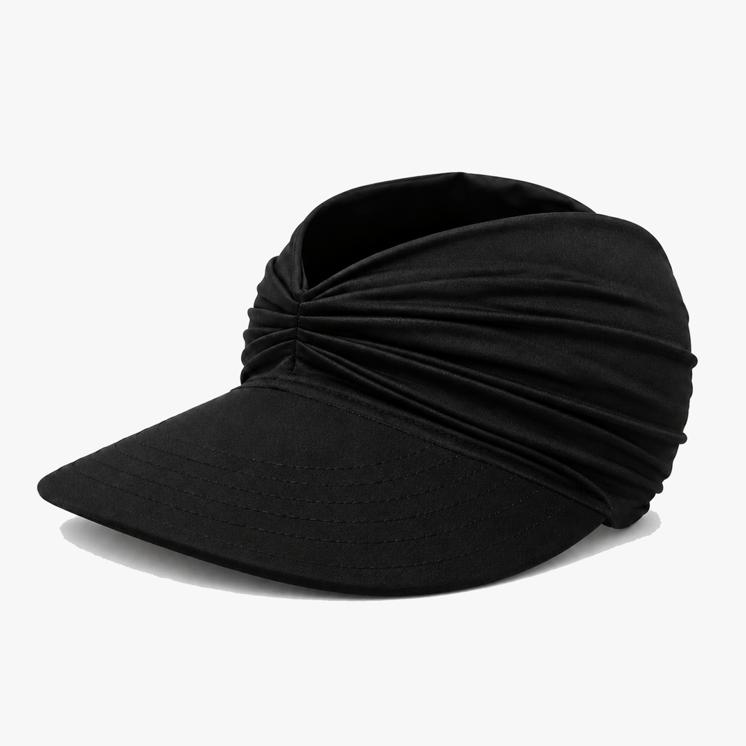 Black ruched UPF 50+ packable sun visor viewed from the side