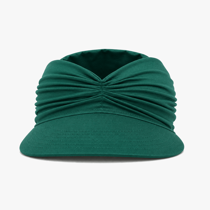 Front view of the green ruched sun visor showing the twist detail