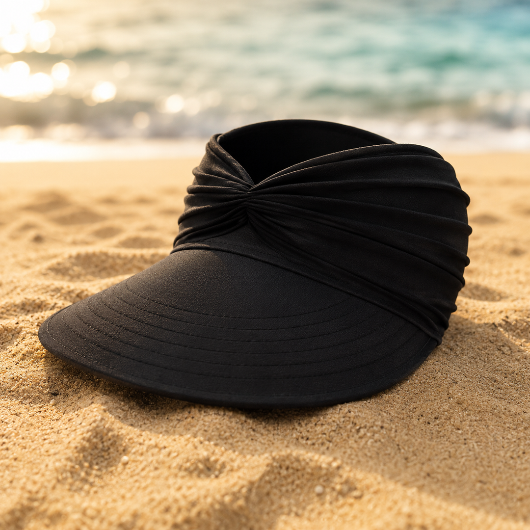 Model wearing stylish UPF 50 sun protection visor outdoors