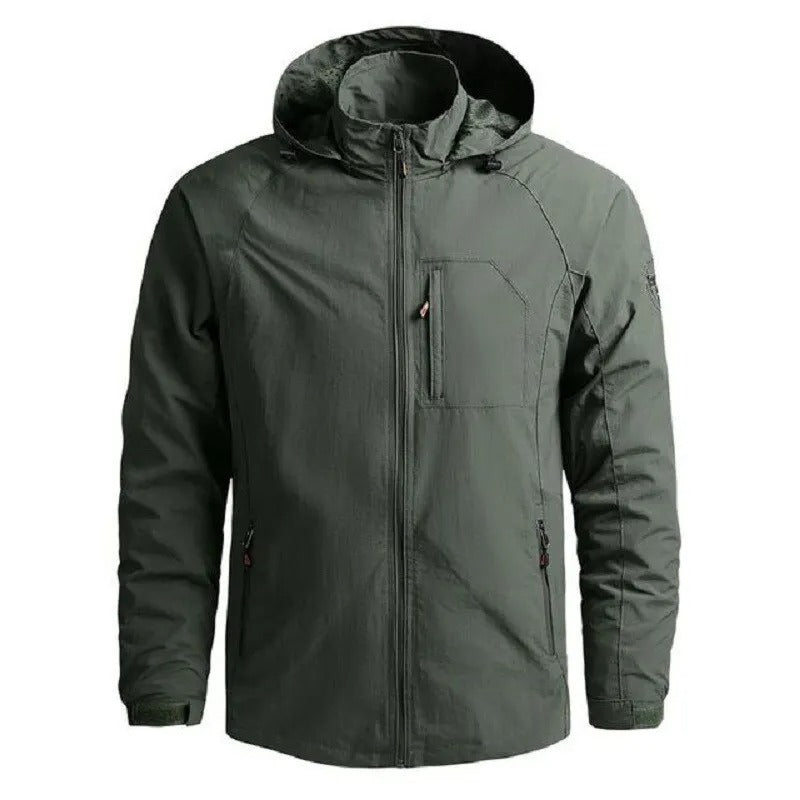 Green men's hooded lightweight jacket for casual outdoor wear and travel apparel