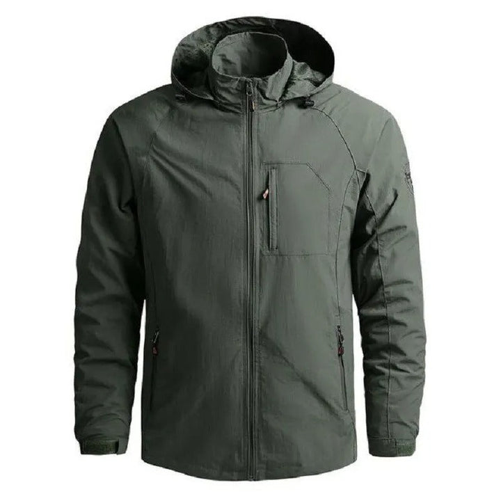 Green men's hooded lightweight jacket for casual outdoor wear and travel apparel