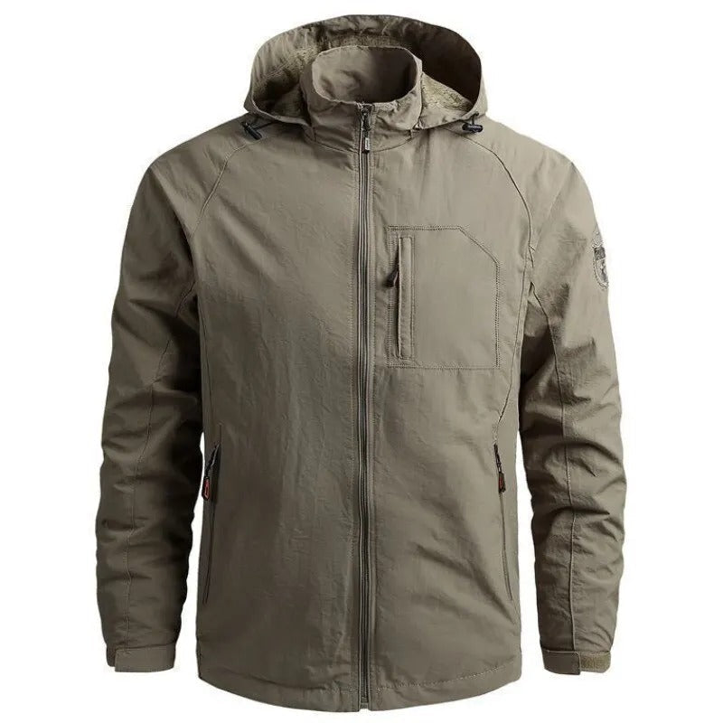 Front view of the men's hooded lightweight jacket in green