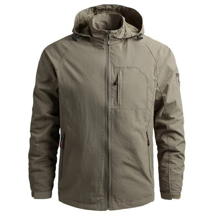 Front view of the men's hooded lightweight jacket in green