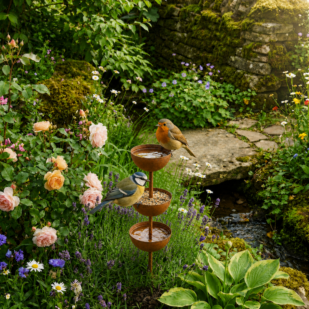 Rustic copper bird bath garden stake installed in a lush garden with visiting birds
