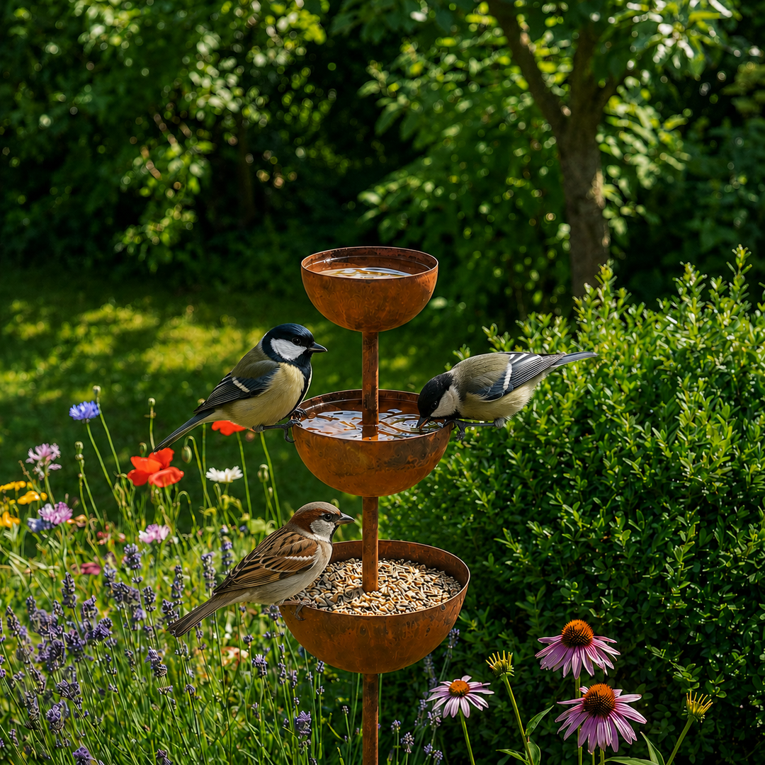 Rustic copper bird bath garden stake with decorative bird accent for outdoor decor