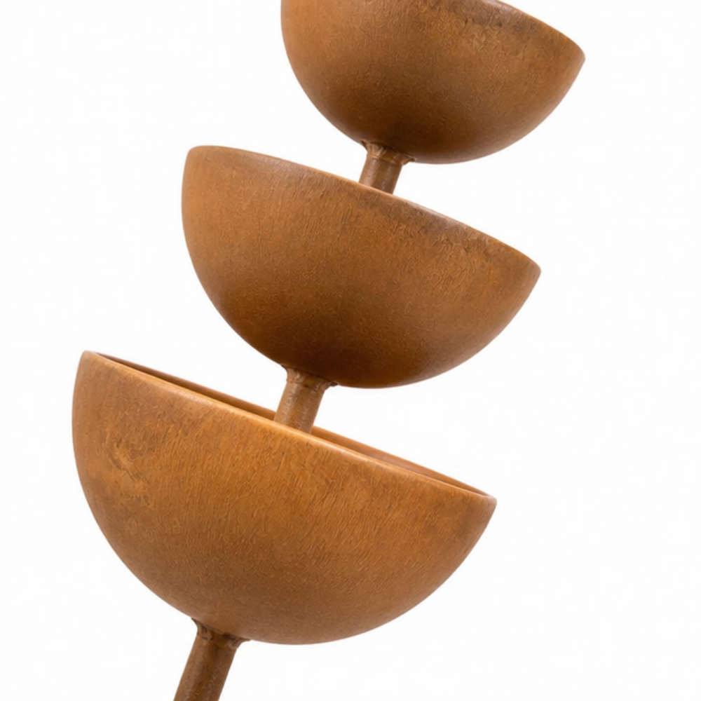 Close up of weathered copper finish on wild bird feeder garden ornament and stake