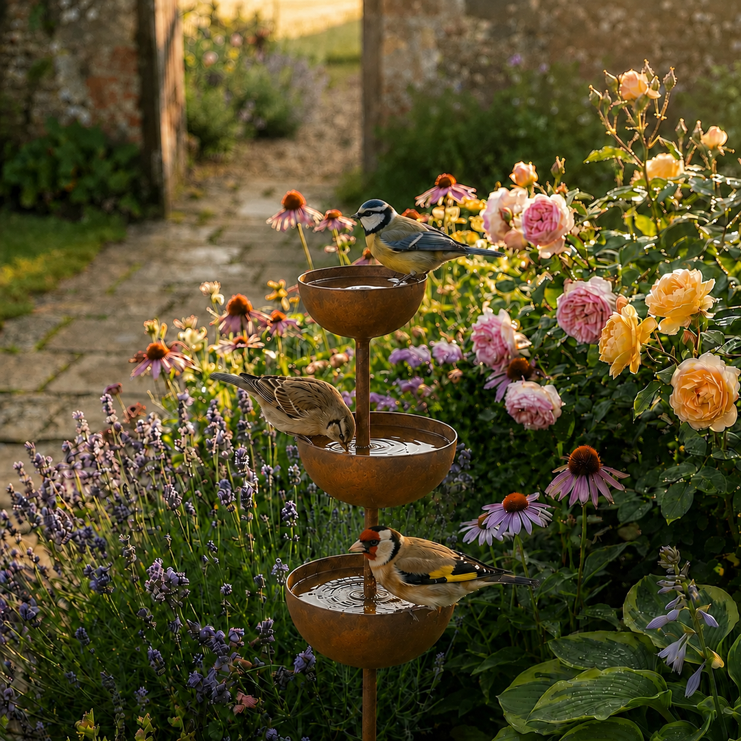 Decorative iron bird bath bowl mounted on tall garden stake for outdoor spaces